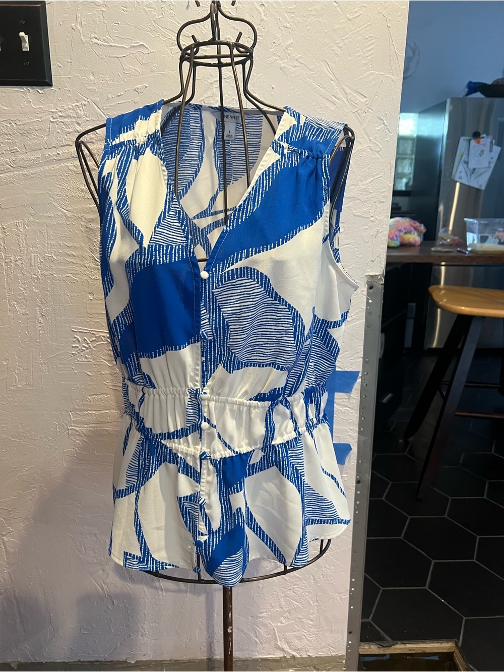 Nine West Blue and White Sleeveless V-Neck Peplum Top